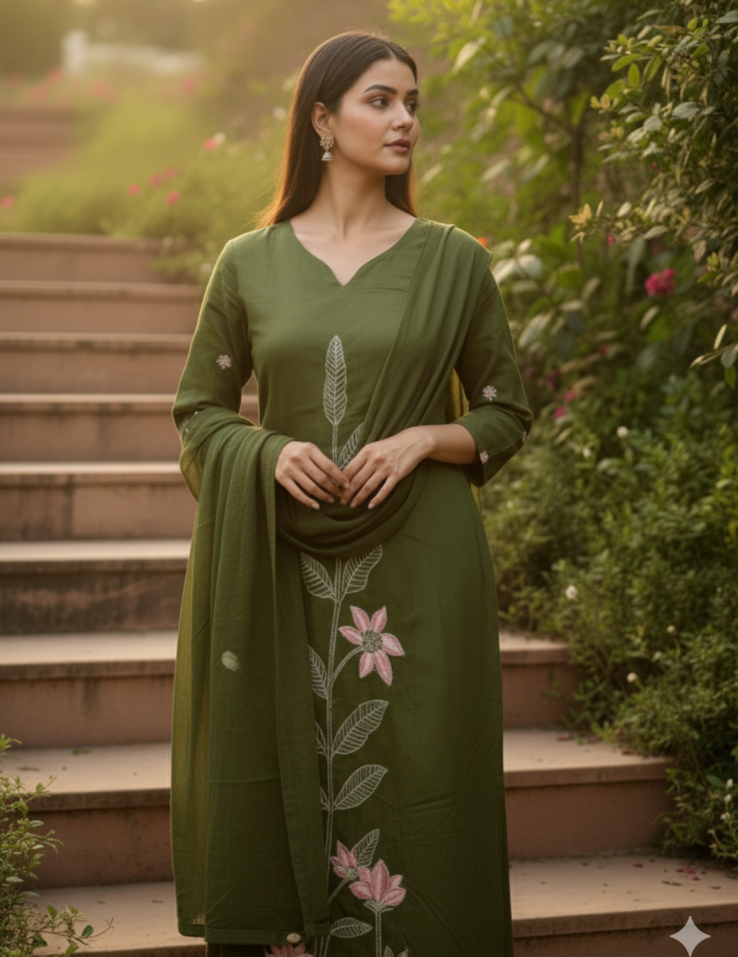 Dark Green Kurta Set with white Floral Embroidery